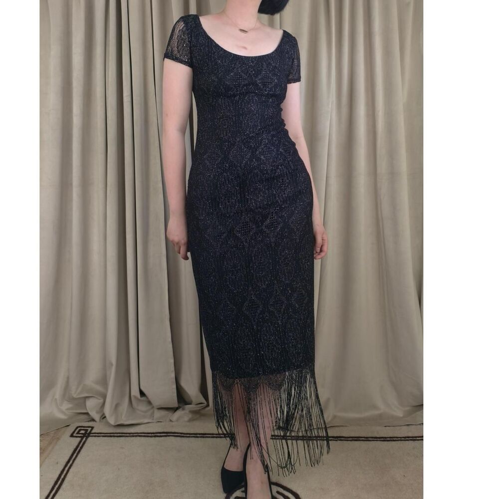 Vintage Onyx Nite Black Silver Metallic Lace Dress with Fringe Hem - Picture 2 of 8